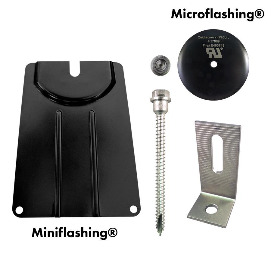 Part Number 17662DF Multi Roof Mount - 5/16 X 4" QB2 Kit with 3" Micro and Mini flashing with SS Low Profile L-Foot & Flange Nuts 50/Case- Case Weight = 31.00 Lbs