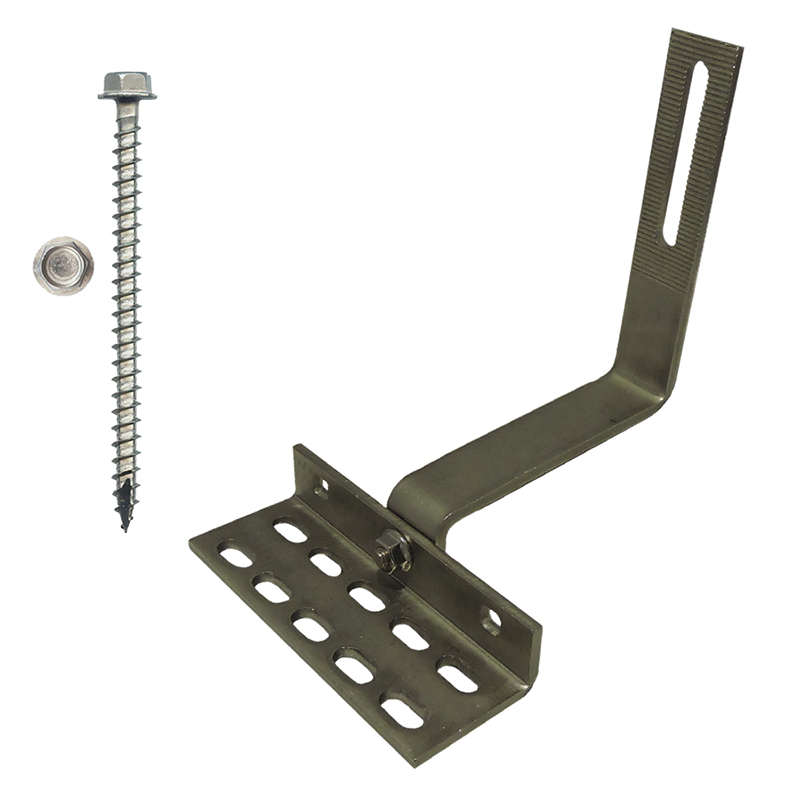 Part Number 17703 90° All Tile Roof Hook 5-3/4" Arm, 8mm Height Adjust Range, Kit with 1/4" X 3"  Screws - for Curved & Flat Tile Roofs - works with or without battens 1/PK Wgt = 2.00 Lbs