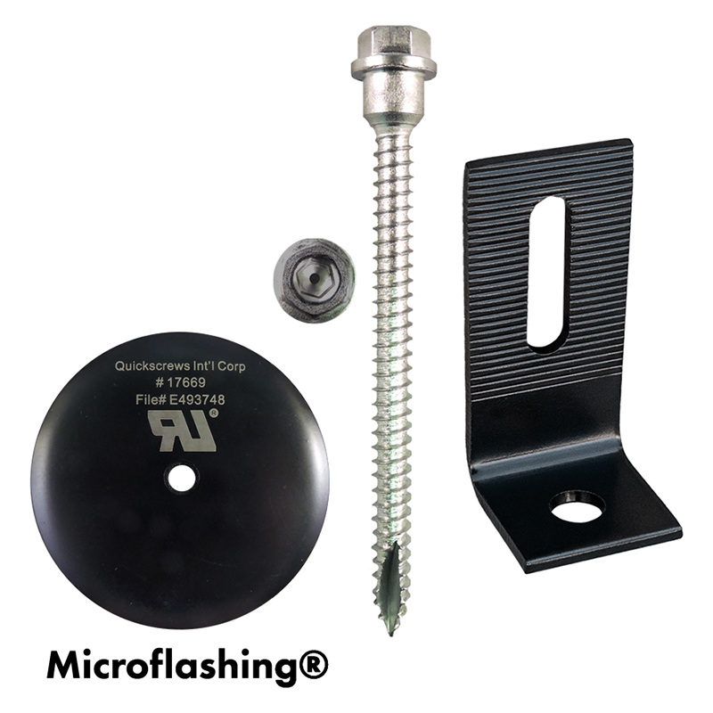 Part Number 17862 Multi Roof Mount - 5/16 X 4" QuickBOLT2 Kit with 3" Microflashing and SS Low Profile Blk L-Foot 25/Kit - Weight/Kit = 11.00 Lbs