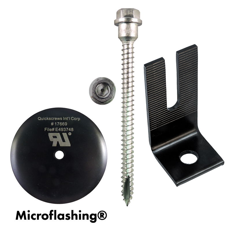 Part Number 17962 Multi Roof Mount - 5/16 X 4" QuickBOLT2 Kit with 3" Microflashing and SS Low Profile Blk Split Top L-Foot 25/Kit - Weight/Kit = 11.00 Lbs
